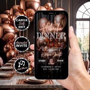 Digital Hibachi Invitation, Animated Birthday Dinner Party Invite, Rose Gold Japanese Restaurant Diamond Evite, Editable Template eCard