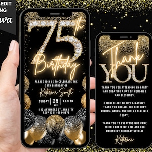 Digitale 75. Geburtstagseinladung für Sie, 75 einladen, schwarz Gold Silber Ballon Diamant Video Party Evite für Frauen, bearbeitbar Danke eCard