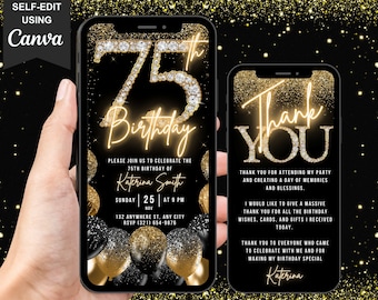 Invitación digital de 75 cumpleaños para ella, invitación de 75 años, globo negro, dorado y plateado con diamantes, video de fiesta de Evite para mujeres, tarjeta electrónica de agradecimiento editable