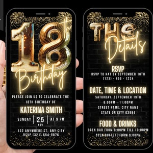 Digital 18th Birthday Invitation, Animated Eighteenth Party Invite For Her, Video Glam Gold Neon Disco Ball Evite, Editable Itinerary eCard