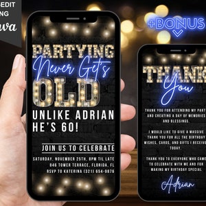 Digital 60th Birthday Invitation, Animated Funny Party Invite Ecard For Men, Blue Marquee Humour Backyard BBQ, Editable Thank You eCard