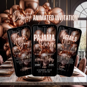 Invitación digital de cumpleaños para fiesta de pijamas, invitación animada para una noche de pijamas para chicas, invitación rosa dorada para despedidas de soltera, paquete de tarjetas electrónicas autoeditables