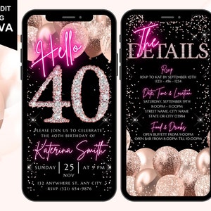 Invitación digital de "Hola" para 40 cumpleaños, invitación electrónica para fiesta de 40 cumpleaños, neón con diamantes en oro rosa, texto de Evite, tarjeta electrónica con itinerario diario