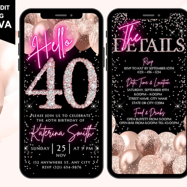 40th Birthday Digital Hello Invitation, Electronic 40th Birthday Party Invite, Rose Gold Diamonds Neon, Text Evite, Daily Itinerary Ecard