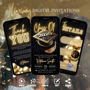 Invitación digital para graduados, invitación dorada para la clase de graduación de 2025, invitación para graduados de 25 años, invitación para ir a la universidad, despedida universitaria, tarjeta electrónica editable