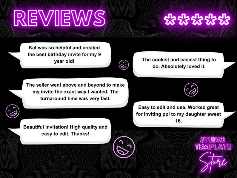 May include: Five-star reviews for a digital birthday invitation template. The reviews highlight the ease of use, customization options, and high quality of the template. The text includes phrases like "easy to edit", "worked great", and "absolutely loved it".