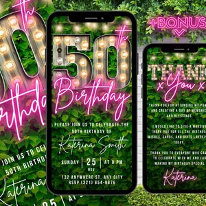 Digital 50th Birthday Invitation, Animated 50th Invite For Her, Greenery Neon Pink Marquee Evite For Women, Editable Thank You Text Message