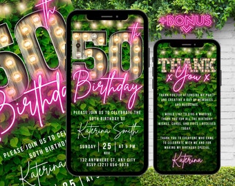 Digital 50th Birthday Invitation, Animated 50th Invite For Her, Greenery Neon Pink Marquee Evite For Women, Editable Thank You Text Message