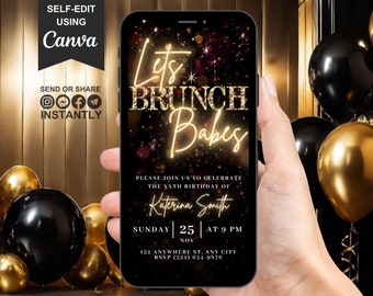 Invitation numérique permettant le brunch des filles, invitation animée en or noir, invitation à une fête d'anniversaire pour le brunch pour femme, modèle de carte électronique à éditer soi-même pour elle