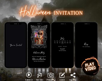 Puede incluir: Un diseño de invitación de Halloween que se muestra en cuatro teléfonos inteligentes. El diseño incluye el texto "Halloween Invitation" en naranja, una imagen de esqueleto y detalles del evento. Los iconos de vídeo, música, foto, editar y compartir están en la parte inferior.