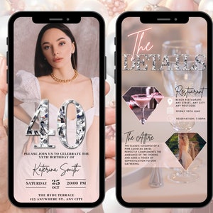 Digital 40th Birthday Invitation, Animated Rose Gold Dinner Party Invite, Womens Pink Silver Diamond Evite, Self Editable Itinerary eCard