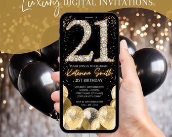 Convite digital para aniversário de 21 anos, convite eletrônico animado com mensagem de texto em dourado para celular, convite eletrônico para jantar feminino, modelo editável para download instantâneo.