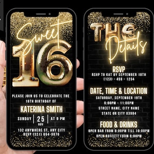 Digital Sweet 16th Birthday Invitation, Animated 16th Birthday Party Invite, Glam Gold Sweet Sixteen Evite, Self Editable Itinerary eCard