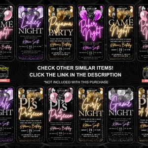 May include: Ten digital phone screen mockups with neon text and glitter backgrounds. The text on the mockups includes "Game Night", "Ladies Night", "Pajama Party", "Poker Night", "Girls Night", "PJ's & Prosecco", "Game Night", and "PJ's & A Mystery".