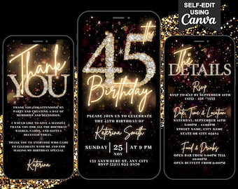 Digitale 45. Geburtstagseinladung, animierte 45. Dinnerparty-Einladung für Männer, schwarzgoldene Evite für Frauen, selbst bearbeitbare Reiseplan-eCard