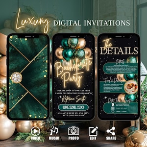 May include: Digital invitation design for a bachelorette party. The design features three smartphones displaying the invitation details. The color scheme is dark green and gold, with text that reads "Luxury Digital Invitations."