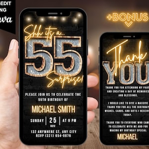Digital Surprise 55th Birthday Invitation, Animated Backyard BBQ Invite For Men, Rustic Patio Party Evite For Man, Editable Thank you eCard