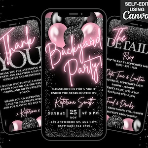 Convite digital para festa no quintal, convite animado para aniversário no quintal, convite de churrasco de jardim rosa blush para mulheres, cartão eletrônico de itinerário autoeditável