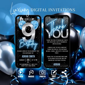 Faire-part numérique animé pour le 9e anniversaire, bleu argent, neuvième invitation, fête de bowling pour enfants garçons et filles, modèle de carte électronique auto-modifiable