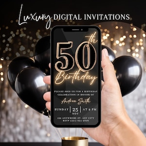Faire-part de fête d'anniversaire 50e anniversaire, invitation numérique à dîner en or noir pour homme, invitation vidéo cravate noire pour lui, modèle de carte électronique DIY modifiable
