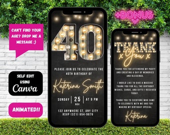 Invitación animada de cumpleaños número 40, luces de marquesina digitales negras y doradas para evitar, invitación editable para fiesta con brillo neón, plantilla de invitación telefónica de Canva