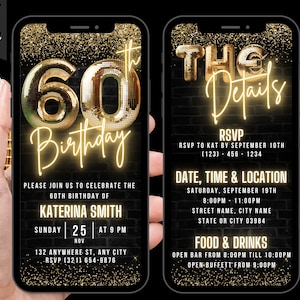 Digital 60th Birthday Invitation For Women, 60th Video Invite, Virtual Glam Gold Sixty Party Invite For Men, With Editable Itinerary eCard