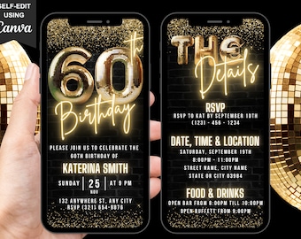 Digital 60th Birthday Invitation For Women, 60th Video Invite, Virtual Glam Gold Sixty Party Invite For Men, With Editable Itinerary eCard