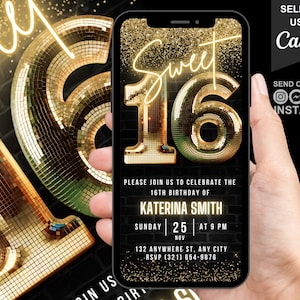 Digital Sweet 16th Birthday Invitation, Animated 16th Birthday Party Invite, Glam Gold Sweet Sixteen Evite, Self Editable Template eCard
