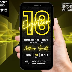 18th Digital Flyer Birthday Invitation, Turning 18 Party Invite, Yellow Neon Sweet 18 Message Video Evite, Self Editable Template DIY eCard