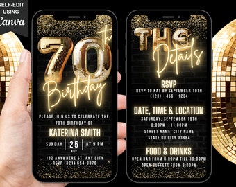 Può includere: Uno sfondo di mattoni neri e glitter dorati con una palla da discoteca dorata sul lato destro. Lo schermo di uno smartphone mostra un invito a una festa di compleanno per il 70° anniversario con il testo "70° compleanno" in giallo neon. L'invito include la data, l'ora e il luogo della festa. Il testo "RSVP a Kat entro il 10 settembre (123) 456-1234" è incluso.