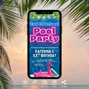 Girls End Of School Pool Party Invitation. Pink Digital Tropical Summer Invite, Birthday Evite, Video eCard, Slumber DIY Editable Template