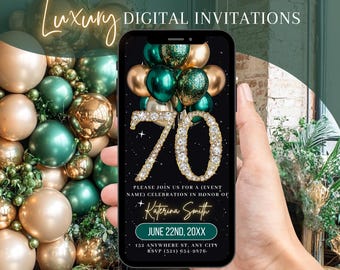 Faire-part numérique pour 70e anniversaire, invitation surprise animée en or vert, e-carte pour brunch diamant, modèle modifiable de dîner pour femme