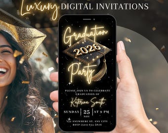 Digital inbjudan till examensfest, animerad guldfärgad college-inbjudan, She Did It High School Evite, självredigerbar mall för e-kort