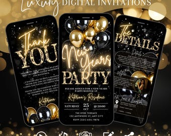 Digital New Years Eve Party Invitation, Electronic 2026 NYE Party Invite, Black Gold Video Evite, Self Editable Itinerary Template DIY eCard