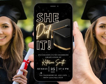 Digital She Did It Graduation Invitation, Animated Gold Ceremony Invite, Girls College Party Announcement, Self Editable Template eCard