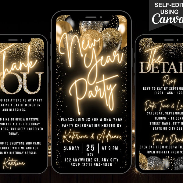 Digital New Years Eve Party Invitation, Animated NYE Celebration Invite, Black Gold Phone Text eCard, Editable Itinerary & Thank You eCard