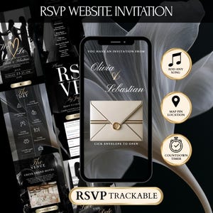 Peut inclure: Un modèle d'invitation de site web RSVP numérique affiché sur un écran de smartphone, présentant une enveloppe crème avec un sceau de cire doré. L'interface inclut le texte RSVP WEBSITE INVITATION, Olivia & Sebastian, et CLICK ENVELOPE TO OPEN, avec des icônes circulaires pour la musique, la localisation et un compte à rebours.