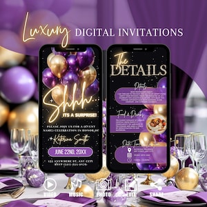 Purple Gold Surprise Party Birthday Invitation, Digital Shhh Its A Surprise Invite, Modern Evite For Women, Self Editable Template eCard