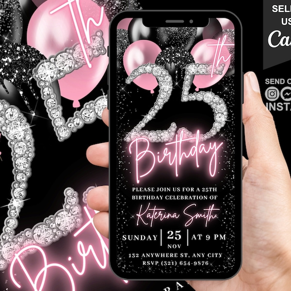 Digital 25th Birthday Invitation, Blush Pink Girls 25 Balloon Diamond Invite For Her, Womens Animated Evite, Self Editable Template eCard