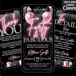 Digitale 40 & fantastische verjaardagsuitnodiging, geanimeerde dineruitnodiging voor vrouwen, Pink Forty Brunch Evite, zelf bewerkbaar reisplan e-card