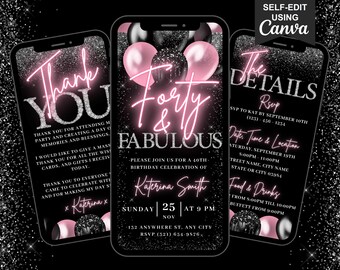 Digital 40 & Fabulous Birthday Invitation, Animated Dinner Party Invite For Women, Pink Forty Brunch Evite, Self Editable Itinerary eCard