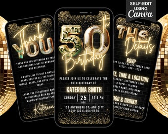 Invitación digital para 50 cumpleaños, invitación animada para ella, video glamuroso dorado neón de Evite, itinerario autoeditable y tarjeta electrónica de agradecimiento.