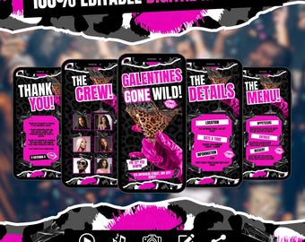 Galentine’s Party Digital Invitation, Leopard Ladies Night eCard, Wild Galentine’s Girls Night Invite, Editable Hot Pink Itinerary Template