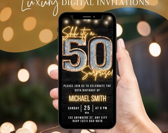 Surprise 50th Birthday Invitation, Digital Men's 50th BBQ Invite, Adult Rustic Phone Evite For Guys, Shh Its A Surprise Party eCard For Him