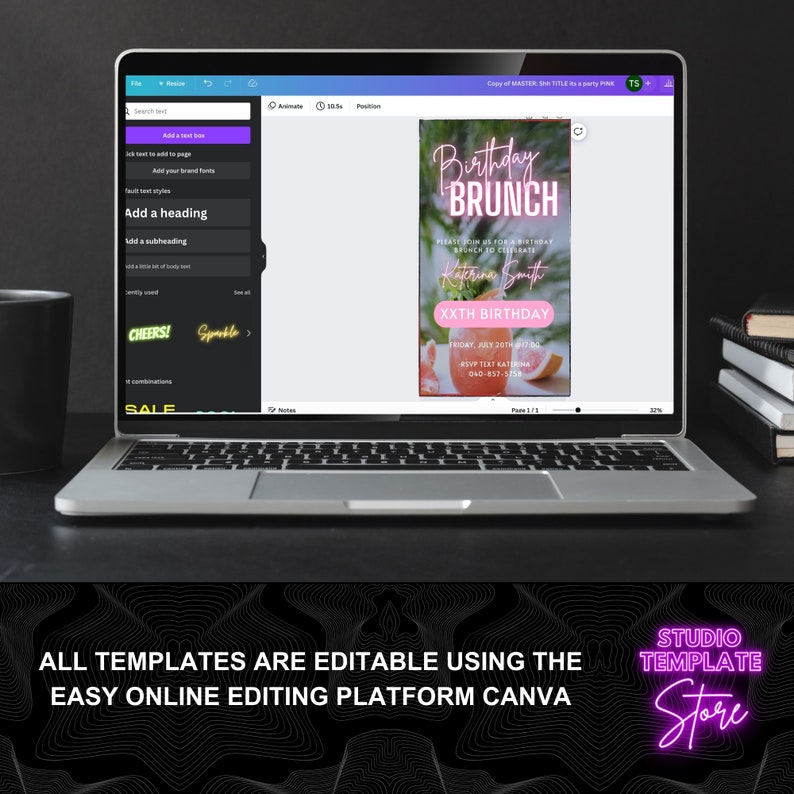 May include: A laptop screen displaying a pink and white birthday brunch invitation template with the text "Birthday Brunch" and "Katerina Smith XXTH Birthday". The template is editable using Canva. The text "Studio Template Store" is displayed in neon pink letters on a black background.