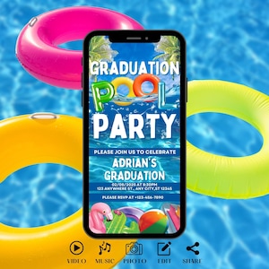 Invitation numérique à la piscine de remise des diplômes. Invitation à la célébration de la promotion 2025. Carte électronique pour la fête des diplômés de l'université ou du lycée, modèle DIY eVite