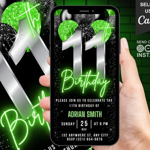 Digital 11th Birthday Invitation for Boys, 11th Birthday Invite For Girls, Animated Neon Green 11 Year Old Evite, Self Editable Phone eCard