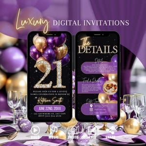 Digital Purple Gold 21st Birthday Invitation, Animated Surprise Invite, Diamond Brunch Evite, Dinner Party Editable Template Ecard For Women