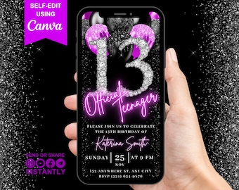 Digital 13th Official Teenager Birthday Invitation, Animated 13th Pink Black Invite For Teens, Balloon Diamond Evite, Self Editable eCard