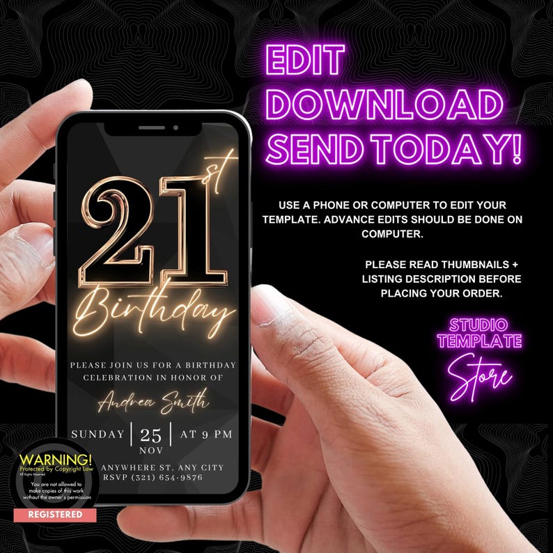 Op de afbeelding: Een digitale uitnodiging voor een 21e verjaardagsfeest. De uitnodiging heeft een zwarte achtergrond met gouden en neonroze accenten. De tekst luidt "21st Birthday" en bevat de feestdetails: datum, tijd en locatie. De uitnodiging bevat ook een waarschuwing over auteursrecht.